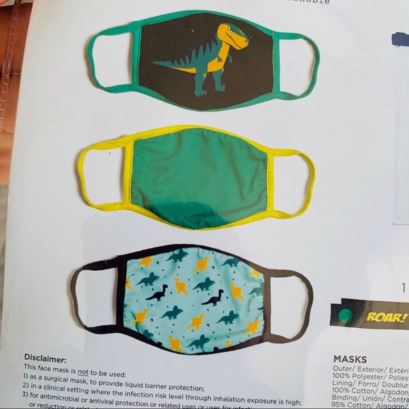 3pcs Pack Addie&tate Dinosaurs Washable Kids Face Masks + Lanyard - Picture 4 of 6